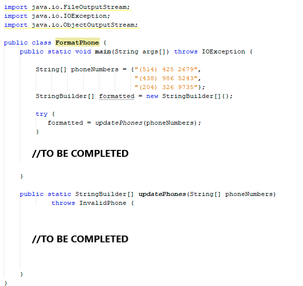 Solved Complete the program below. The method updatePhones() | Chegg.com