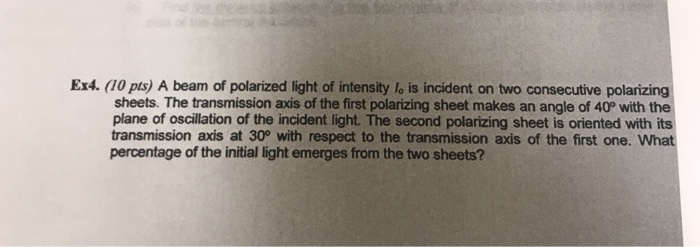 Solved A beam of polarized light of intensity I is incident | Chegg.com
