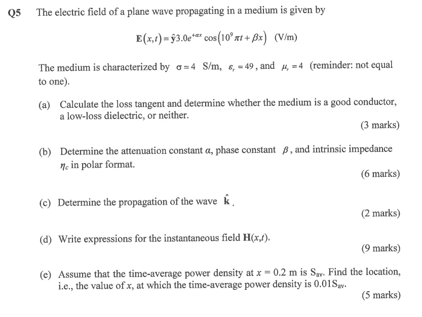 Solved Q5 The electric field of a plane wave propagating in | Chegg.com