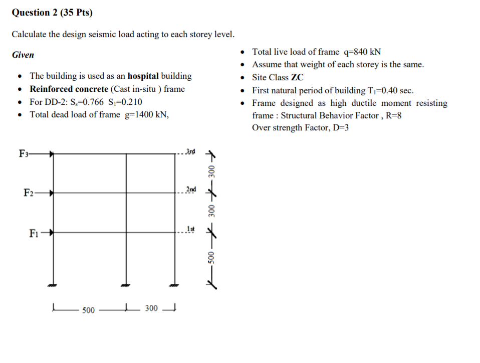 Solved Question 2 (35 Pts) Calculate the design seismic load | Chegg.com