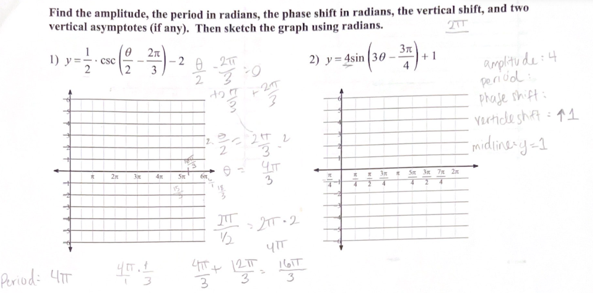 Solved Find the amplitude, the period in radians, the phase | Chegg.com