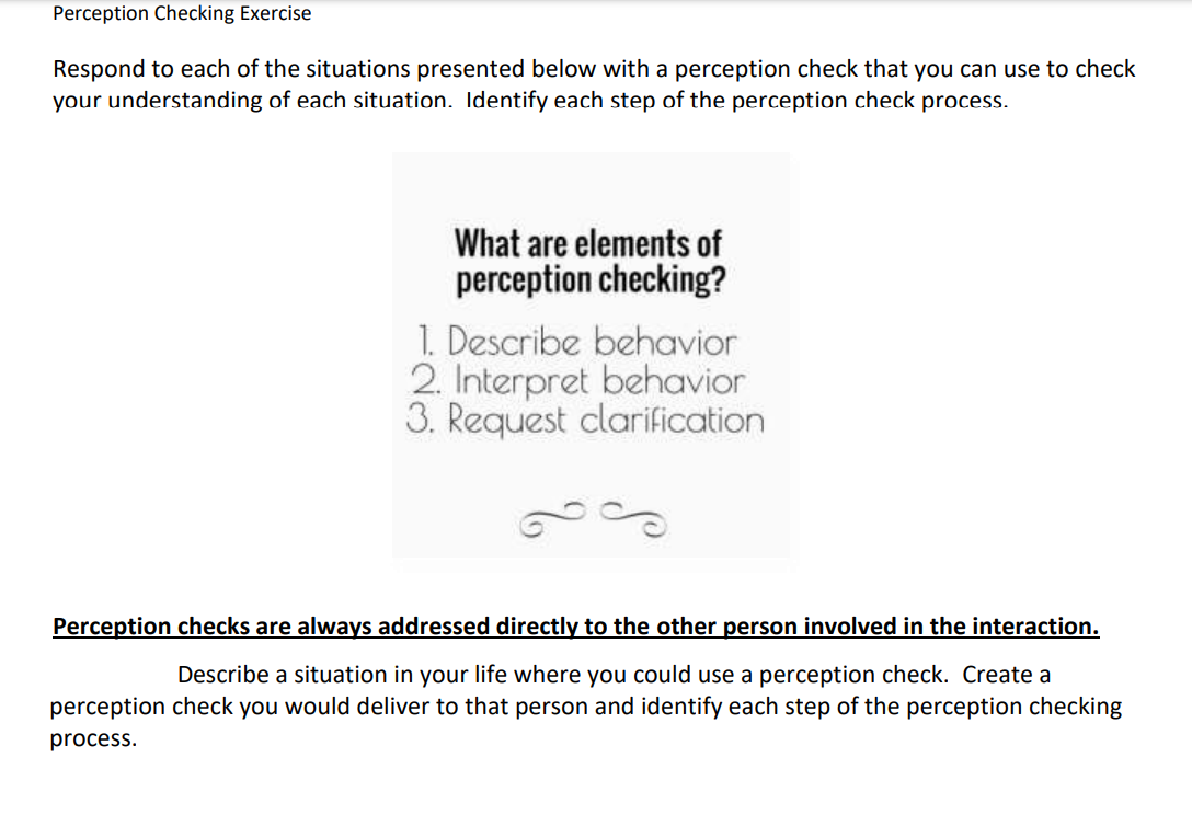 Perception Checking Exercise Respond to each of the | Chegg.com