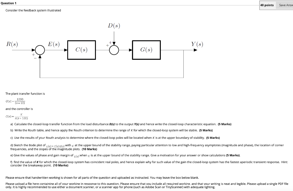 Solved Question 1 Consider the feedback system illustrated | Chegg.com