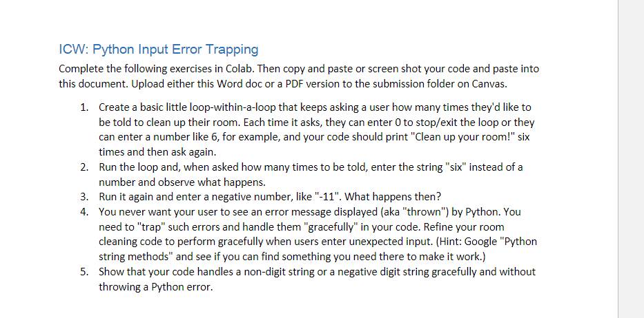 Solved ICW: Python Input Error Trapping Complete the | Chegg.com