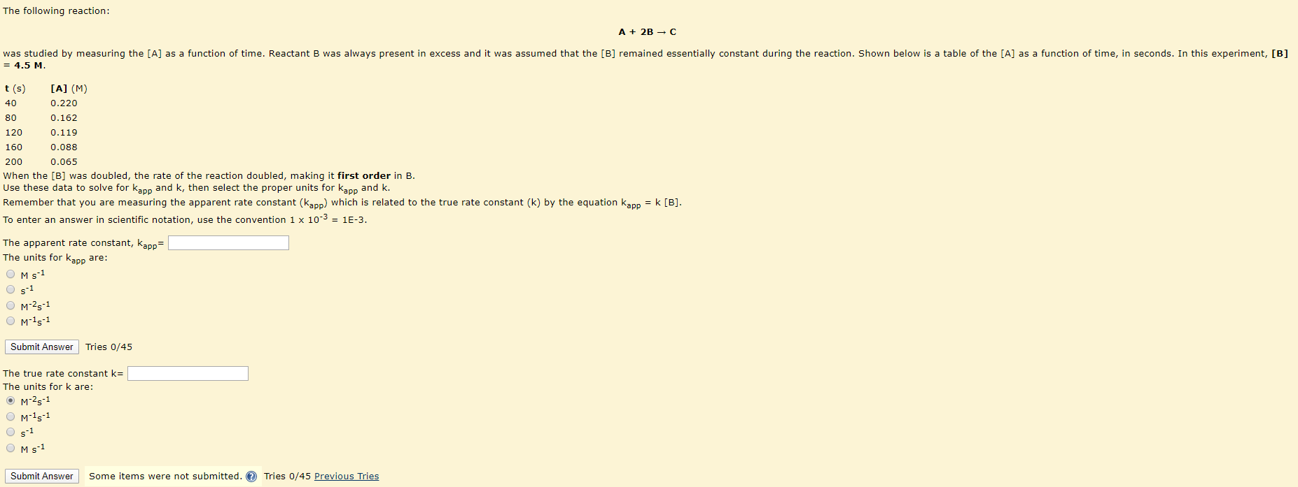 Solved The following reaction: A + 2B-C was studied by | Chegg.com
