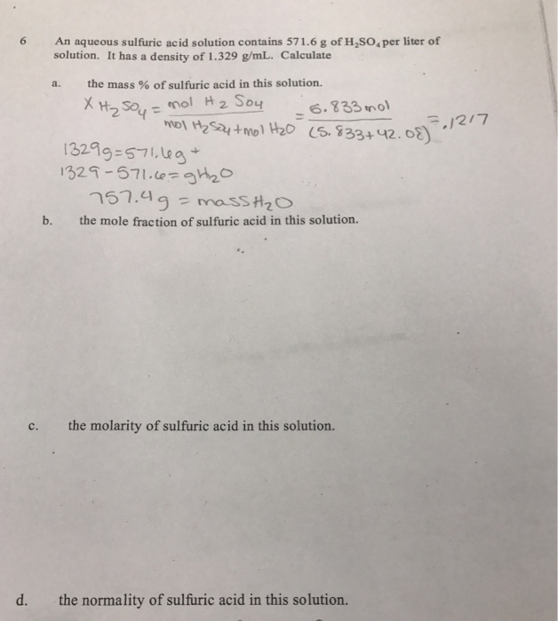 Solved An aqueous sulfuric acid solution contains 571.6 g of