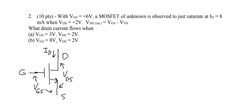 Solved 2. (10 pts) - With VGs = +6V, a MOSFET of unknown is | Chegg.com