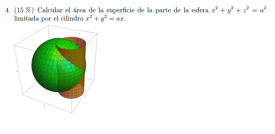 4. \( (15 \%) \) Calcular el área de la superficie de la parte de la esfera \( x^{2}+y^{2}+z^{2}=a^{2} \) limitada por el cil