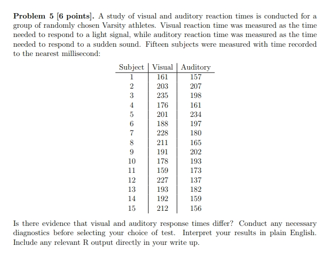 Solved Problem 5 [6 points]. A study of visual and auditory | Chegg.com