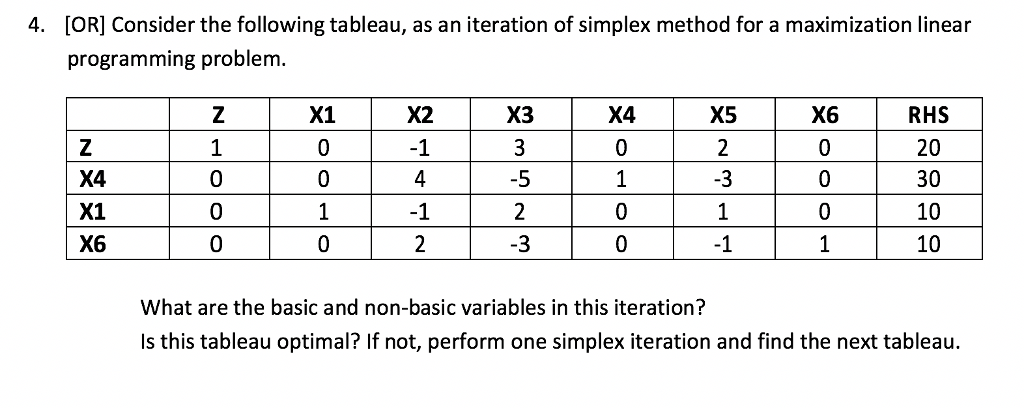 Solved [OR] Consider the following tableau, as an iteration | Chegg.com