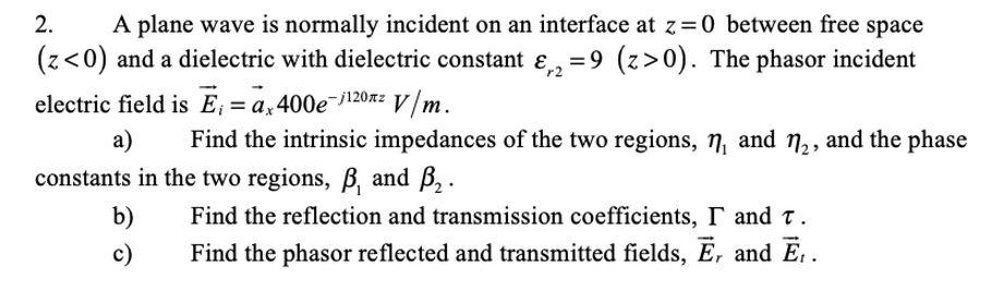 Solved 2. A plane wave is normally incident on an interface | Chegg.com