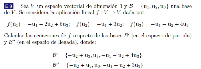 E.9 Sea \( V \) un espacio vectorial de dimensión 3 y \( \mathcal{B}=\left\{\mathbf{u}_{1}, \mathbf{u}_{2}, \mathbf{u}_{3}\ri