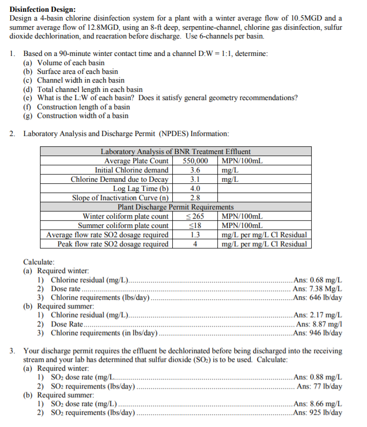Disinfection Design Design a 4-basin chlorine | Chegg.com