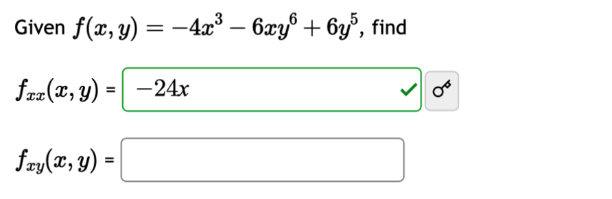 Given \( f(x, y)=-4 x^{3}-6 x y^{6}+6 y^{5} \) \[ \begin{array}{l} f_{x x}(x, y)= \\ f_{x y}(x, y)= \end{array} \]