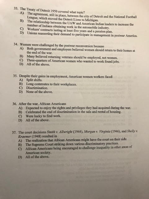 Solved 33. The Treaty of Detroit 1950 covered what topic? A) | Chegg.com