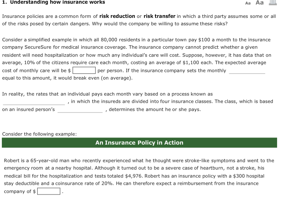Solved 1. Understanding how insurance works Aa Aa Insurance 
