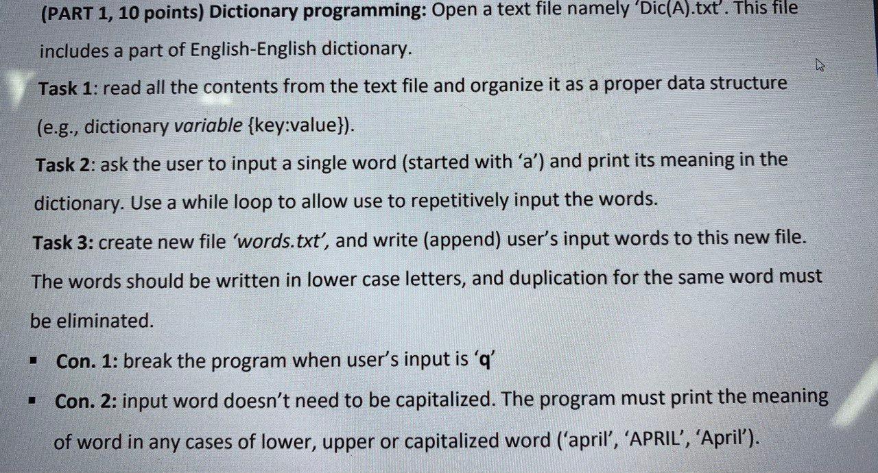 Solved (PART 1, 10 points) Dictionary programming: Open a