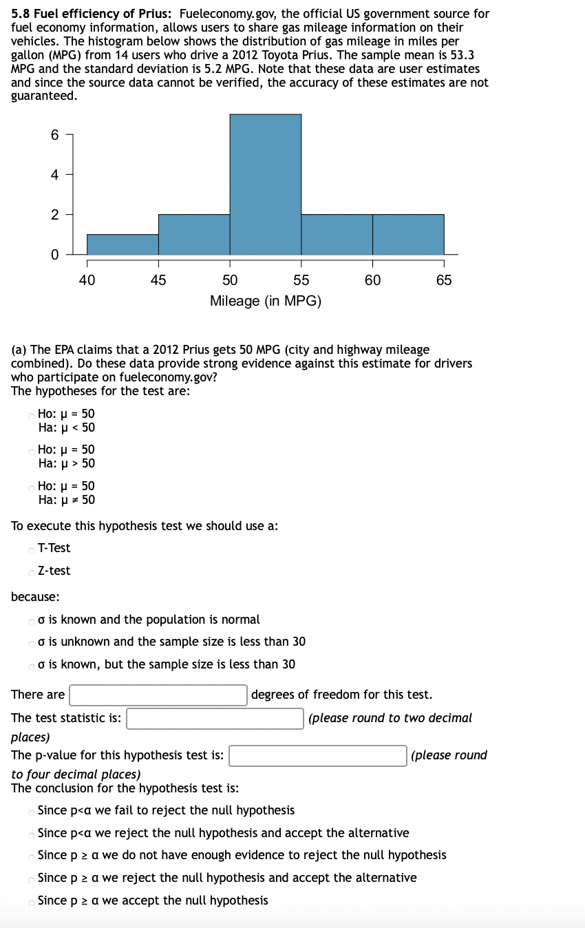 Solved 5.8 Fuel efficiency of Prius: Fueleconomy. gov, the | Chegg.com