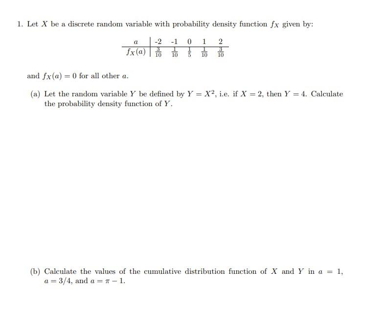 Let \( X \) be a discrete random variable with probability density function \( f_{X} \) given by: and \( f_{X}(a)=0 \) for al
