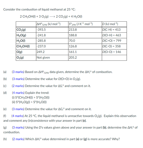 Consider the combustion of liquid methanol at 25 °C: | Chegg.com