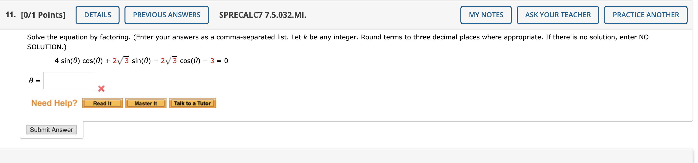 Solved 11. [0/1 Points] DETAILS PREVIOUS ANSWERS SPRECALC7 | Chegg.com