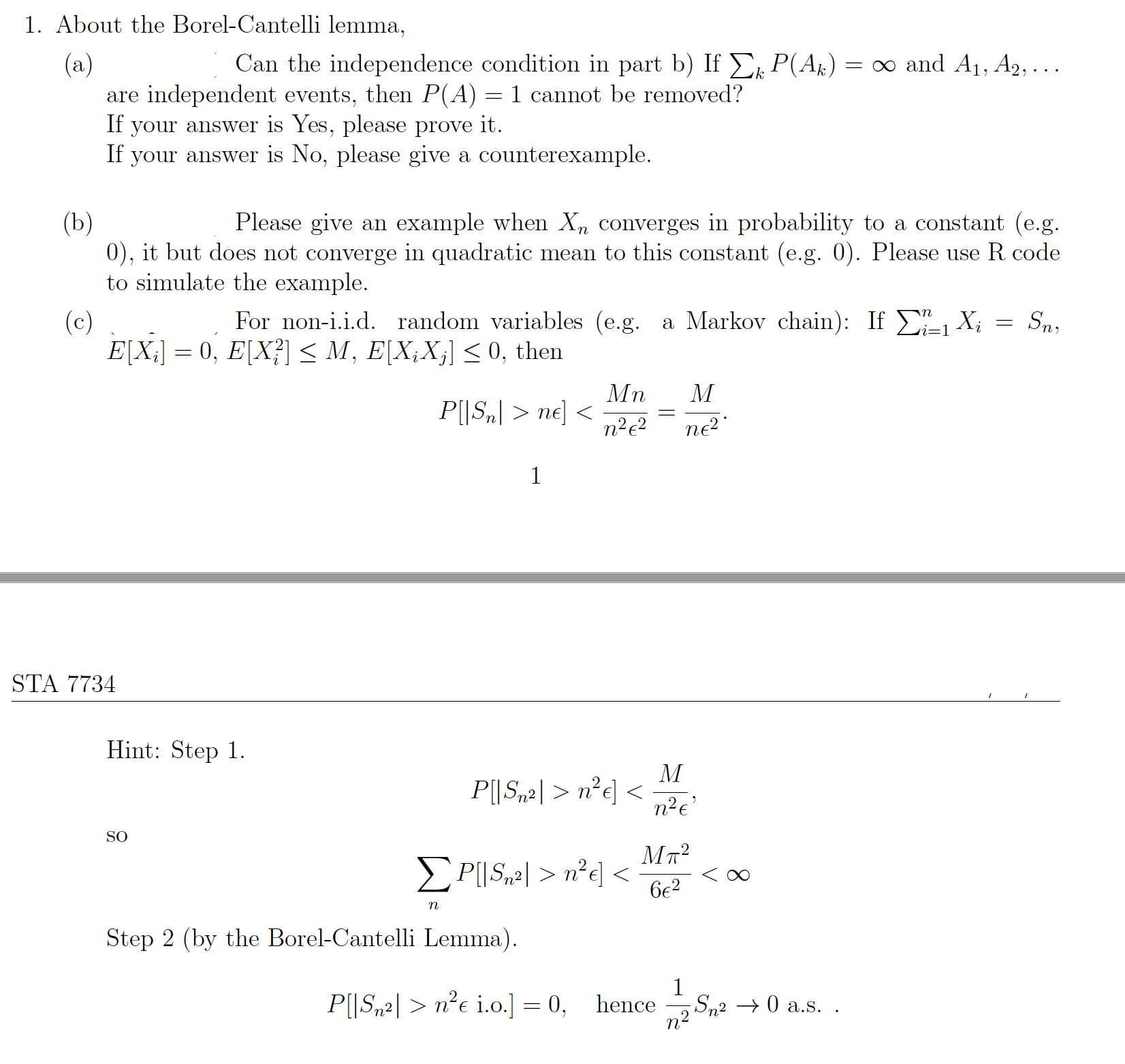 Solved 1. About the Borel-Cantelli lemma, (a) Can the | Chegg.com