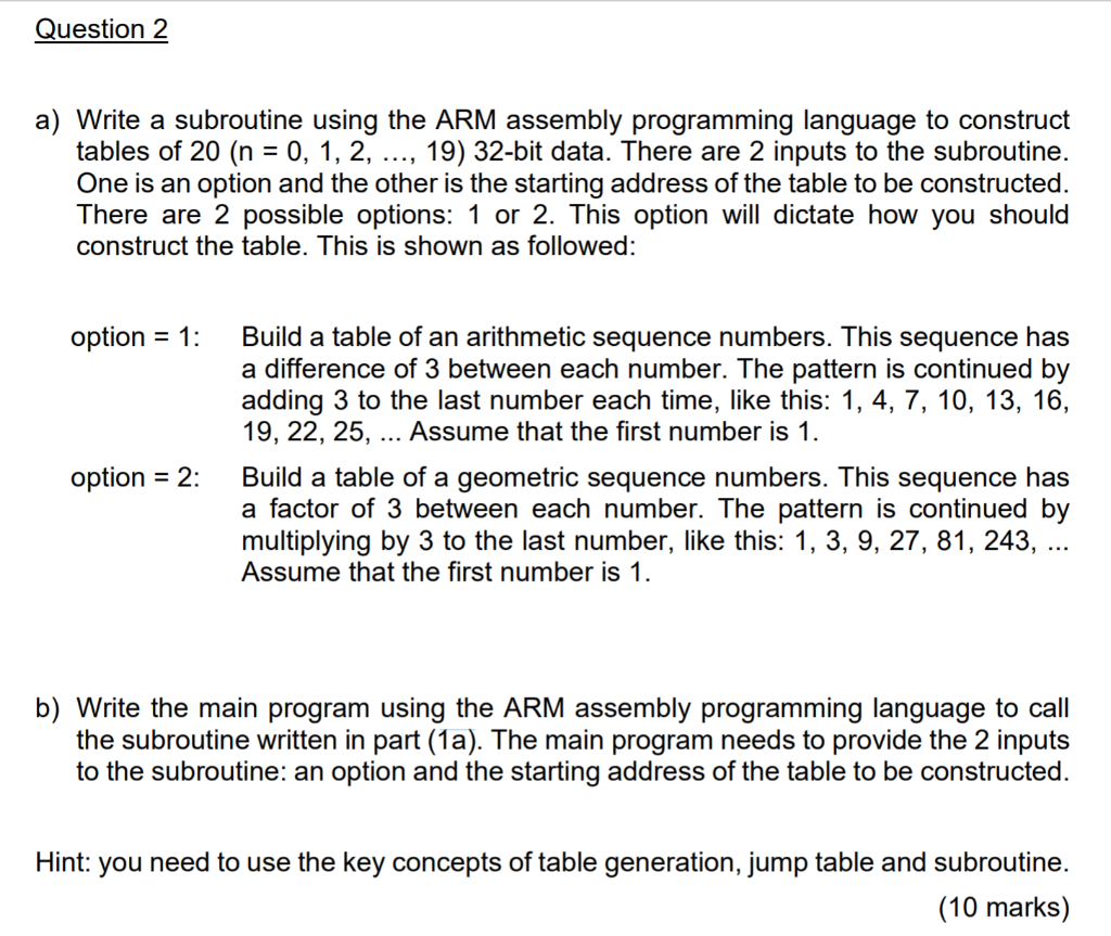 Question 2 a) Write a subroutine using the ARM | Chegg.com