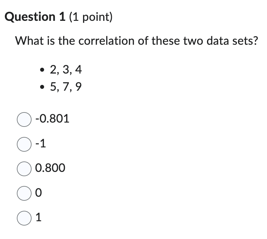 Solved Question 1 (1 point) What is the correlation of these | Chegg.com