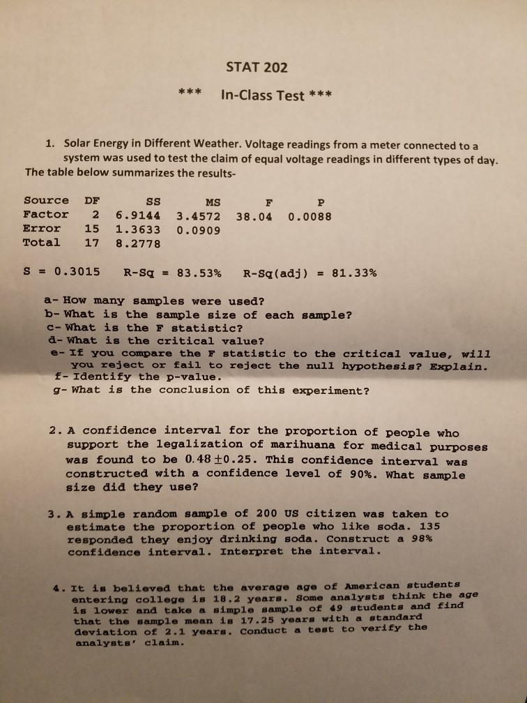 Solved STAT 202 ***In-Class Test*** Solar Energy in | Chegg.com