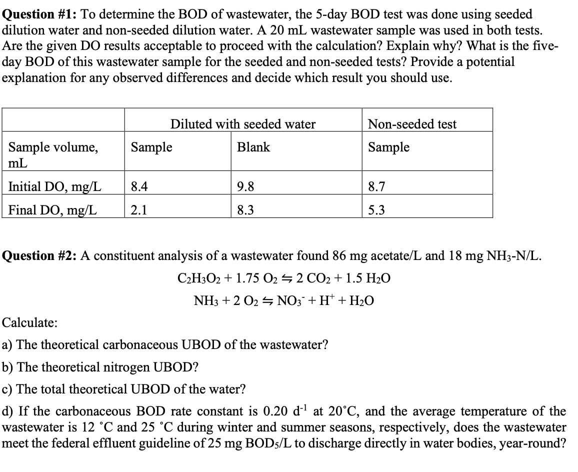 Question #1: To Determine The BOD Of Wastewater, The | Chegg.com