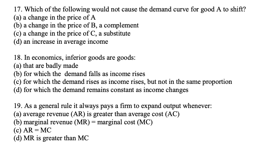 Solved 17. Which of the following would not cause the demand | Chegg.com