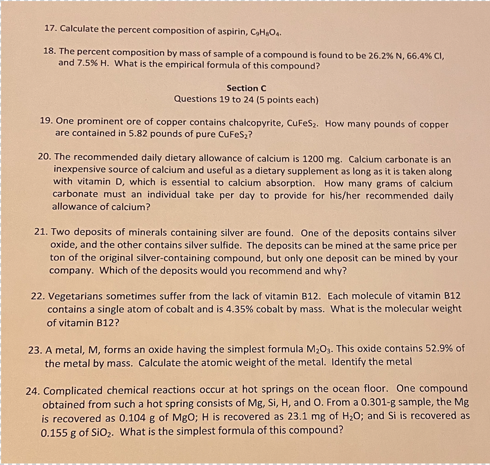 Solved 17. Calculate the percent composition of aspirin,