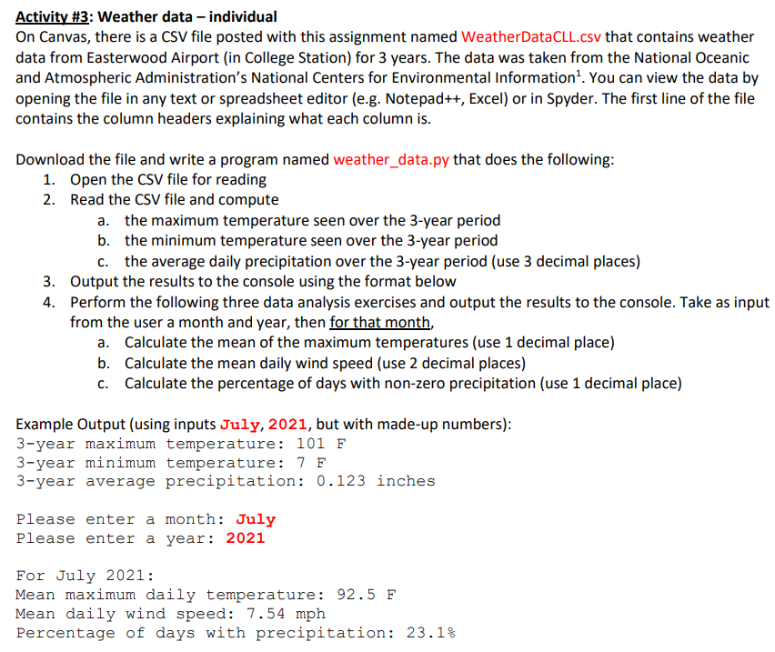 Solved Activity \#3: Weather data - individual On Canvas, | Chegg.com