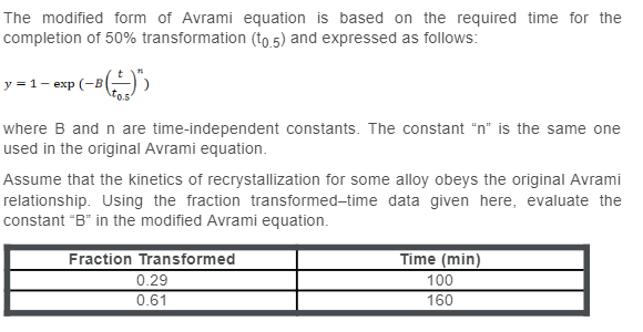 Solved The Modified Form Of Avrami Equation Is Based On The | Chegg.com