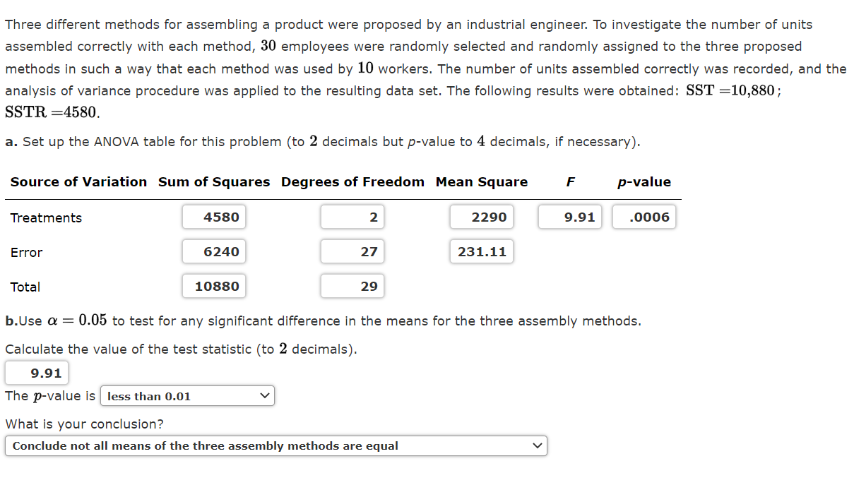 Solved Three different methods for assembling a product were | Chegg.com