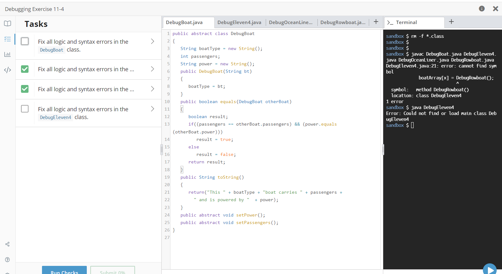 Solved Java debug code to copy public abstract class | Chegg.com image.
