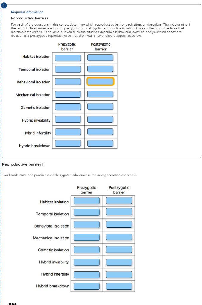 Solved Required information Reproductive barriers For each