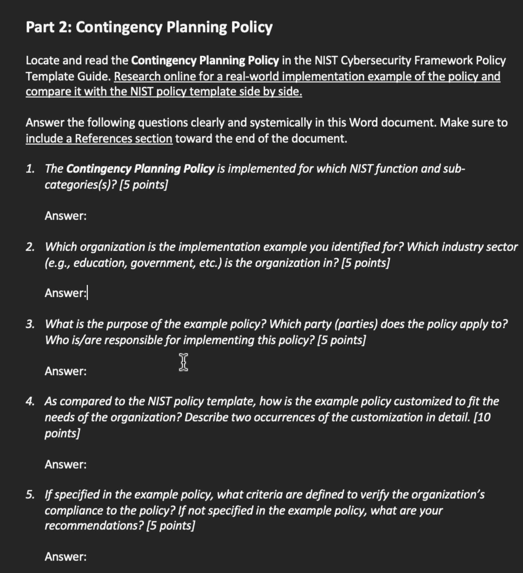 Solved Part 2 Contingency Planning PolicyLocate and read