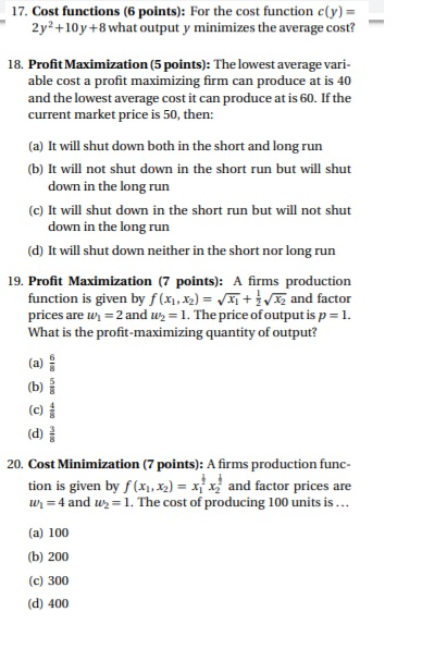 Solved 17. Cost functions (6 points): For the cost function | Chegg.com