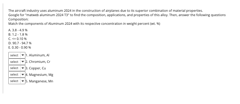 Solved The Aircraft Industry Uses Aluminum 2024 In The Chegg Com   Phpi3zrAe