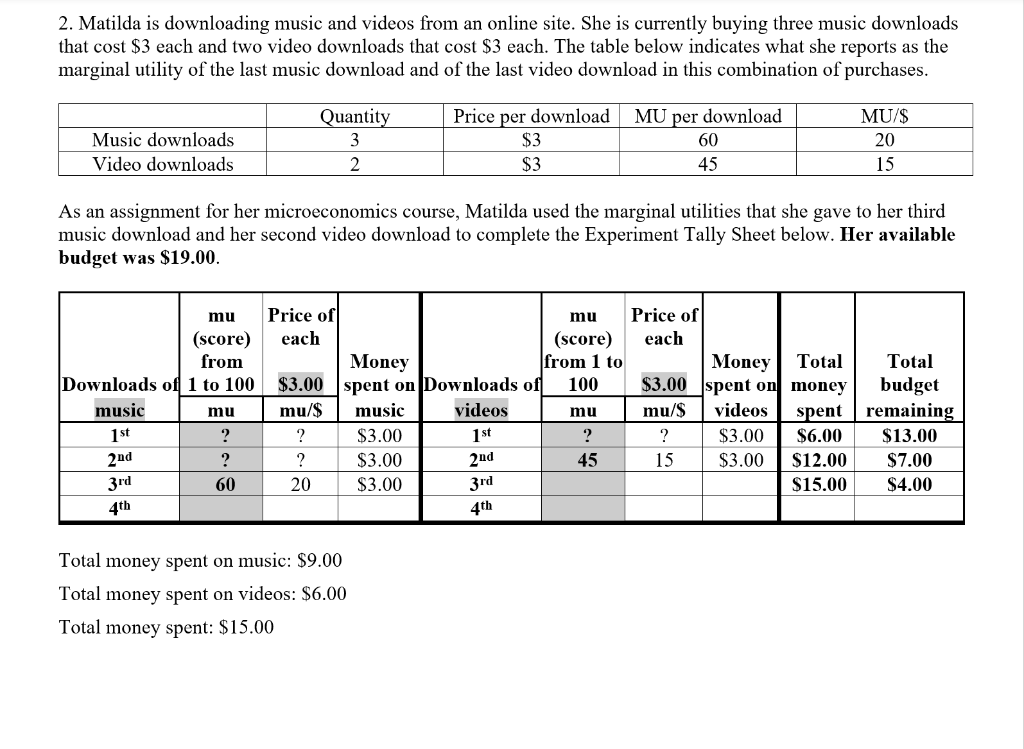 2. Matilda is downloading music and videos from an online site. She is currently buying three music downloads that cost \( \$