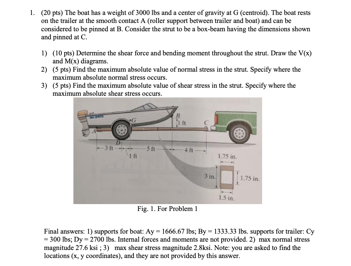 Solved 1. (20 pts) The boat has a weight of 3000 lbs and a | Chegg.com