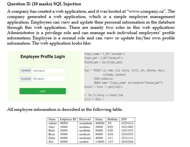 Question II: (10 marks) SQL Injection A company has | Chegg.com