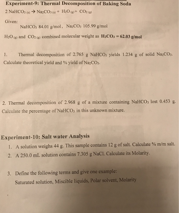 Solved Experiment-9: Thermal Decomposition of Baking Soda 2 | Chegg.com