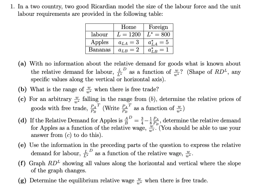 Solved In a two country, two good Ricardian model the size | Chegg.com