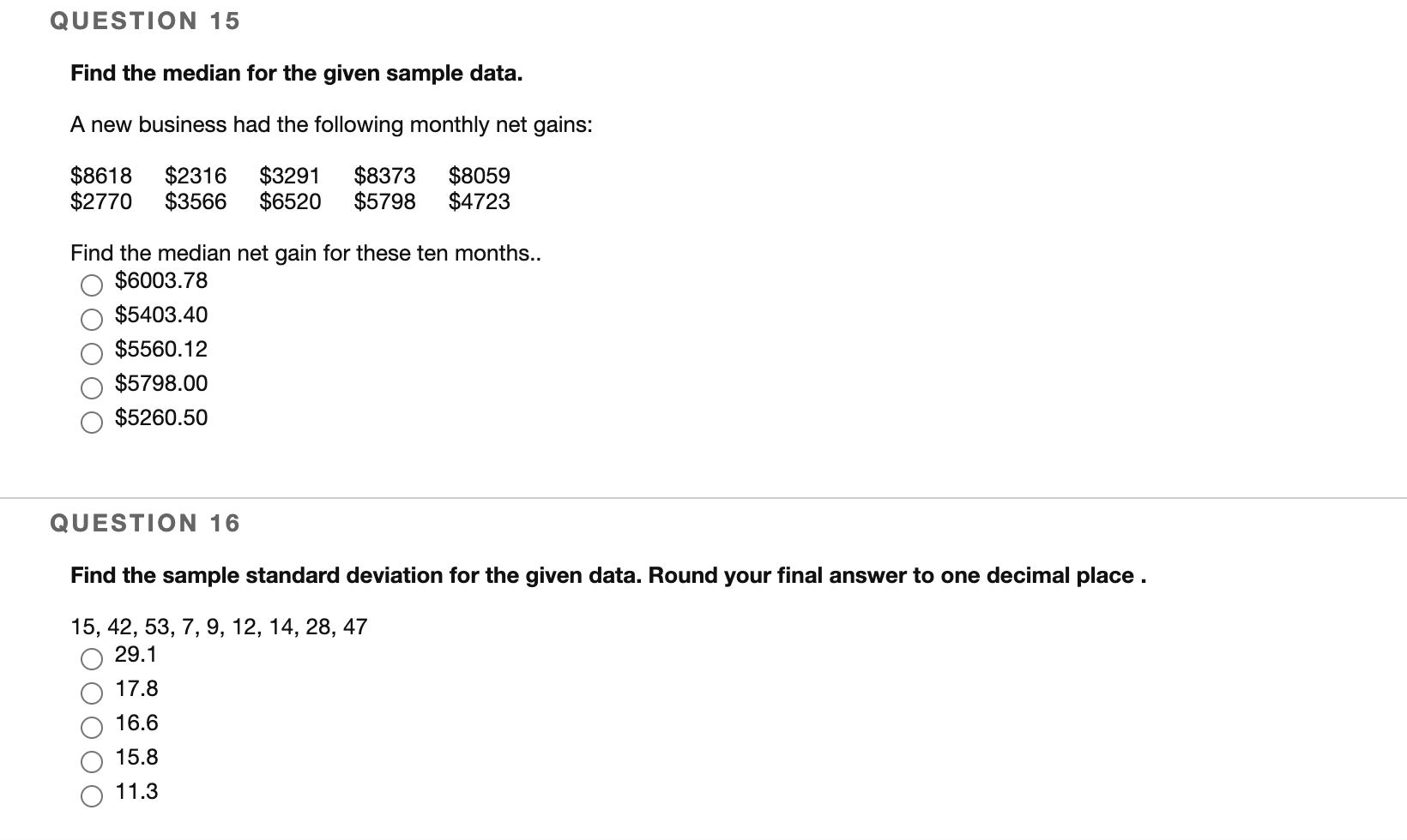 Solved QUESTION 15 Find the median for the given sample | Chegg.com