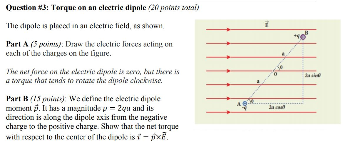 Solved Question #3: Torque on an electric dipole (20 points | Chegg.com