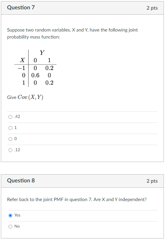 Solved Question 7 2 pts Suppose two random variables, X and | Chegg.com