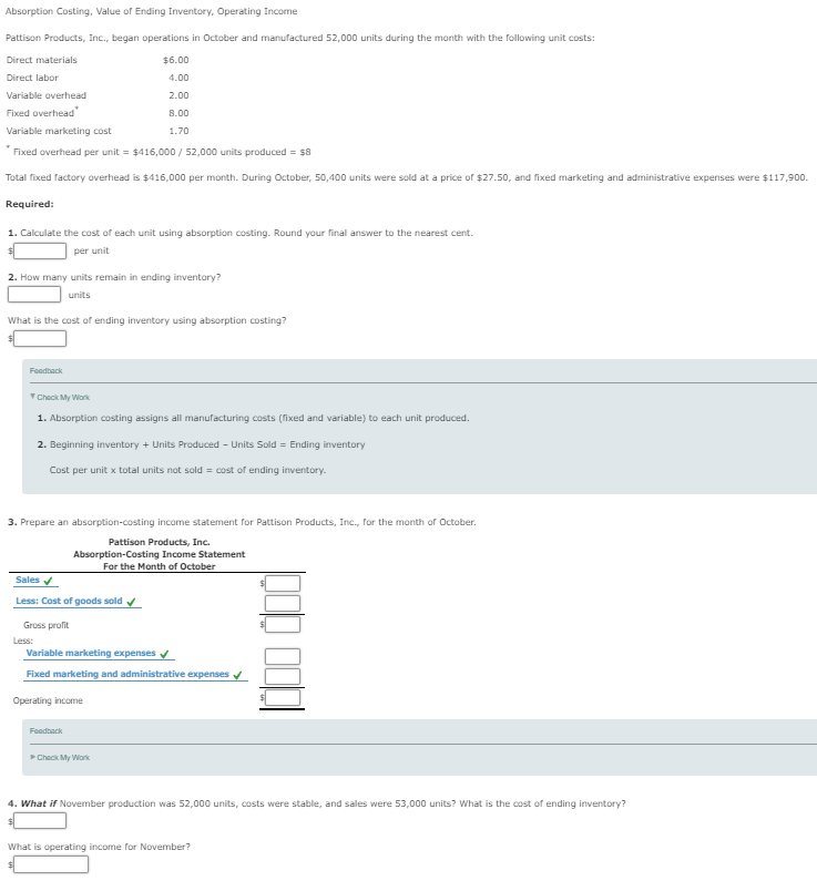 Solved Absorption Costing, Value of Ending Inventory, | Chegg.com