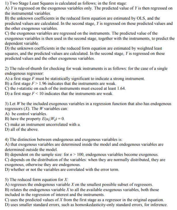 Solved 1) Two Stage Least Squares is calculated as follows; | Chegg.com